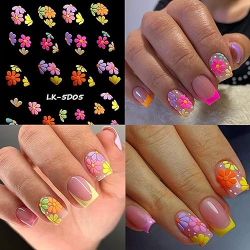 Miniatura 2 de Vezocim Calcomanías de arte de uñas de flores, holográficas 5D en relieve de flores en relieve de corazón, calcomanías autoadhesivas para uñas,