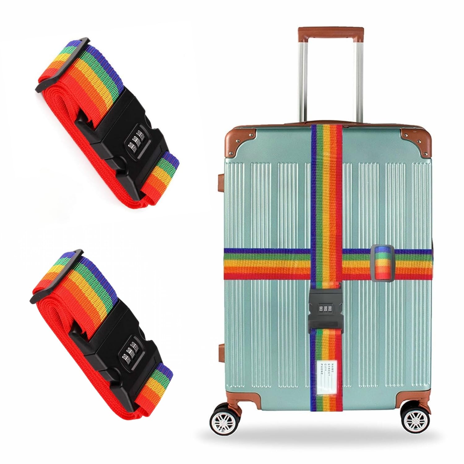 V-VRAT Luggage Straps for Suitcases with Combination Lock Name ID Card, 78" x 2"Adjustable Suitcase Belts, Packing Straps Travel Belt, Luggage Band with Multicolour (2PCs)-image-9