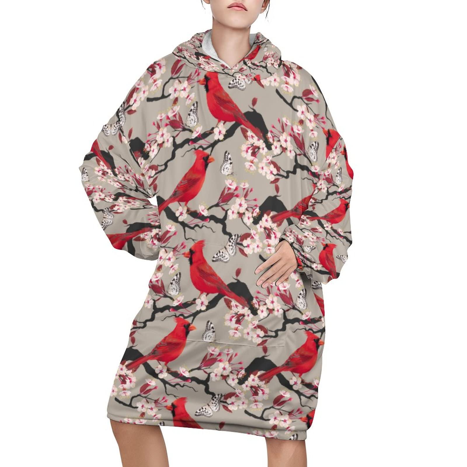VunKo Cardinal Blooming Cherry Wearable Blanket Hoodie Oversized Sherpa Hooded Sweatshirt Blanket for Women Men