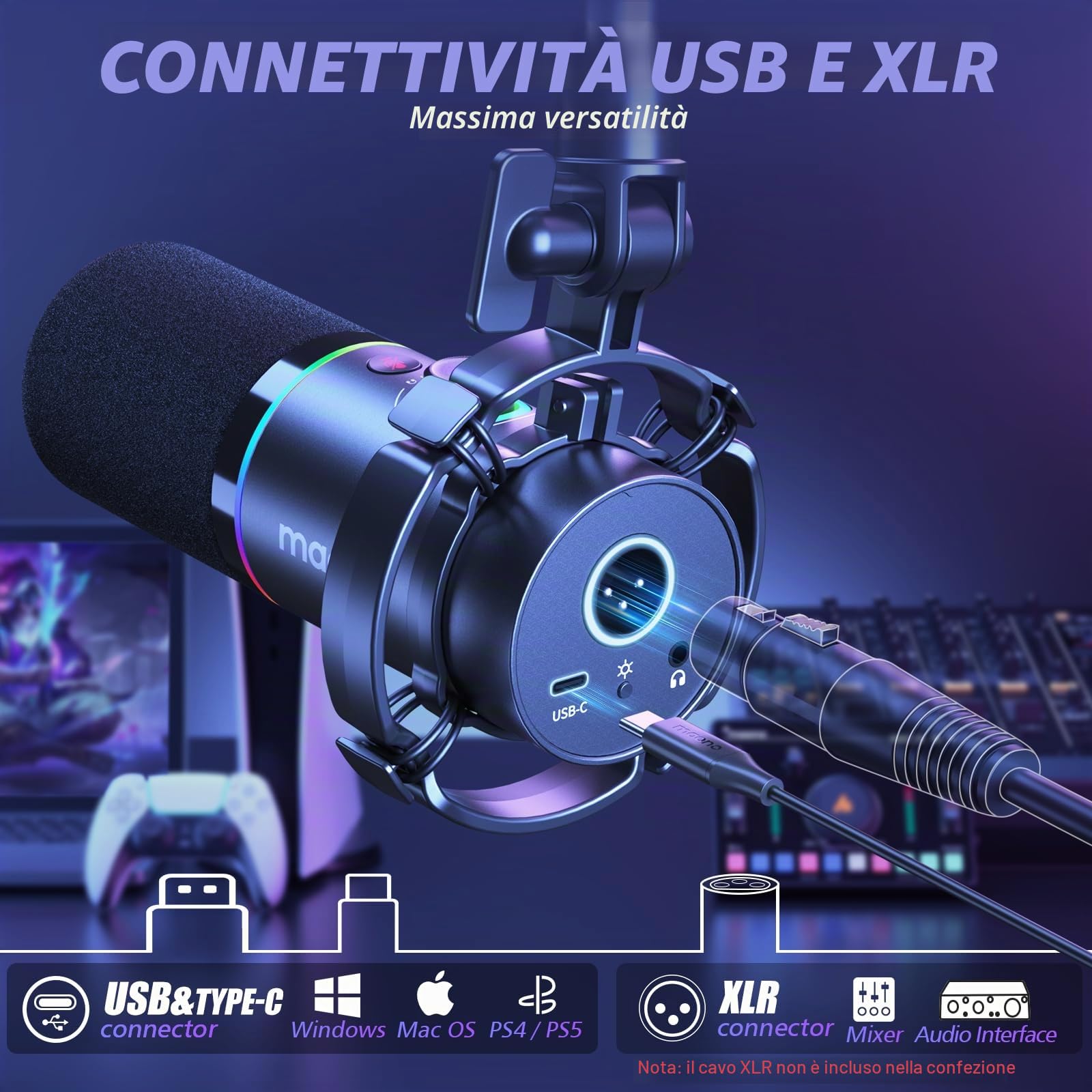 MAONO XLR/USB Microfono dinamico, microfono podcast con braccio, software, pulsante mute, controllo guadagno, per pc gaming, streaming, registrazione, PS4/5 Mac Mixer ecc. PD200XS Nero
