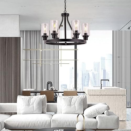 Miniatura 4 de Lámpara de araña para comedor, estilo granja, color negro, 6 luces, isla de cocina, iluminación de techo con pantalla de vidrio para sala de estar,