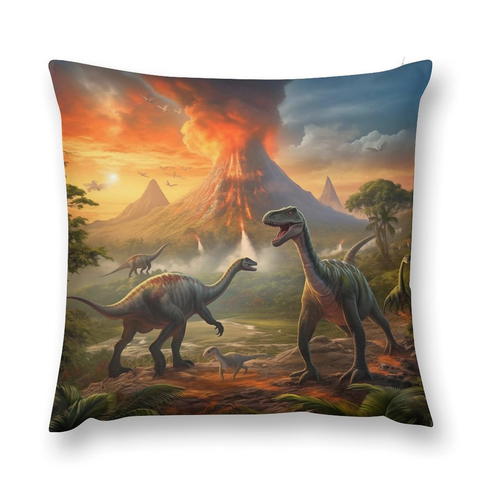 Kids Dinosaur Throw Pillow Cover, Jungle Tropical Landscape Dinosaurs Pillowcases Volcanic Eruption Dinos Animal Couch Sofa Cushion Case for Home Decor Girls Bed 18x18inch