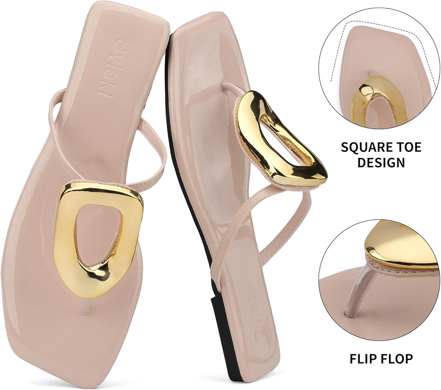 Womens Flat Sandals Square Comfortable Flip Flops Slide Summer Beach Shoes with Metal Decoration - Image 2