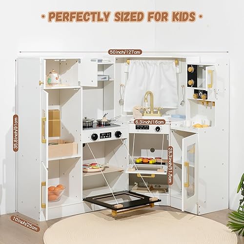 Miniatura 6 de Juego de cocina interactivo de madera para niños, luces y sonidos realistas, diseño de esquina con 8 accesorios, regalo para niñas y niños a partir
