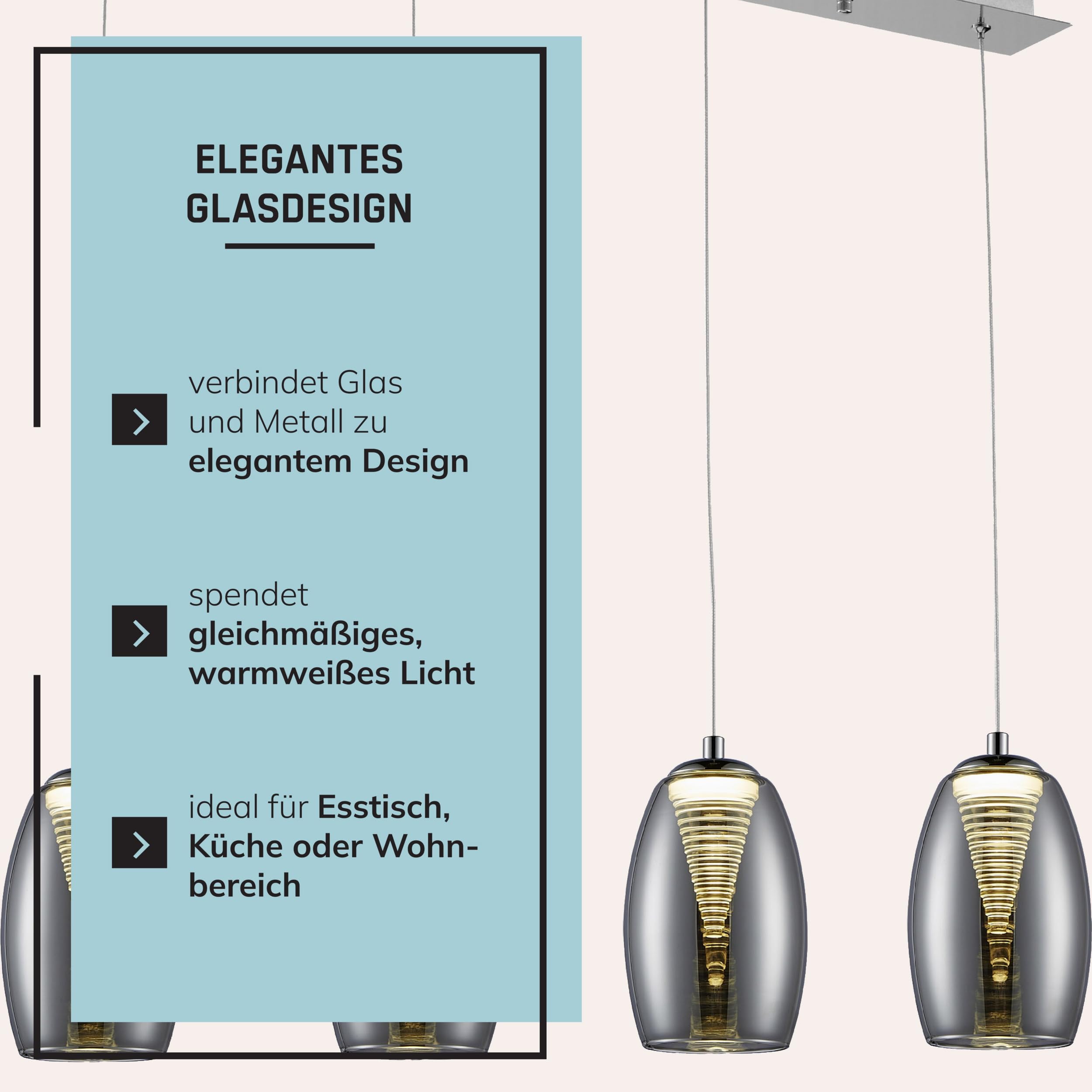 Lightbox LED Pendelleuchte mit Rauchglas - höhenverstellbare Hängelampe 4-flammig - dimmbare Deckenleuchte mit 3-Stufen-Schaltung - Lampe für Esstisch, Wohnzimmer & Küche - inkl. LED