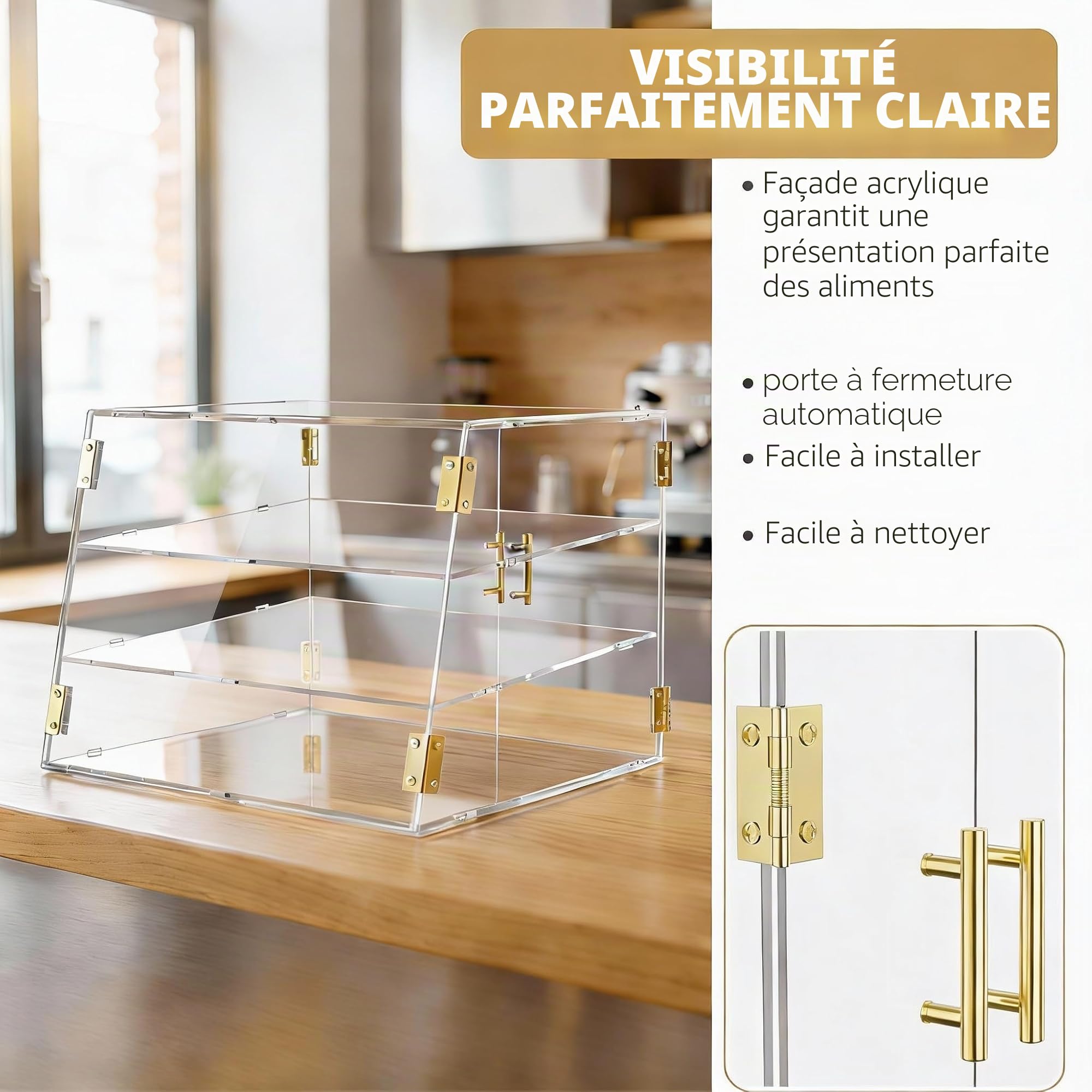 Vitrine de boulangerie commerciale à 3 compartiments avec porte automatique élastique, 53,1 x 43,2 x 43,2 cm Présentoir alimentaire pâtisserie-pain boîte de rangement pour beignets gâteaux