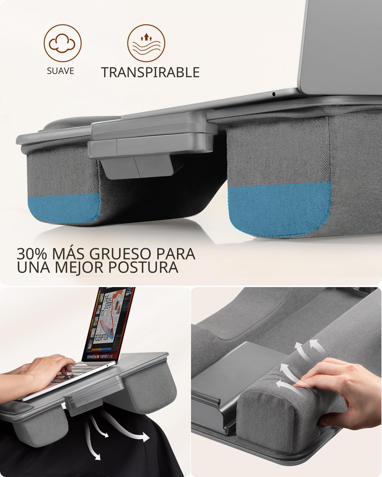 SAIJI Cojín para portátil, Soporte Portátil con Cojín (Gris Oscuro)
