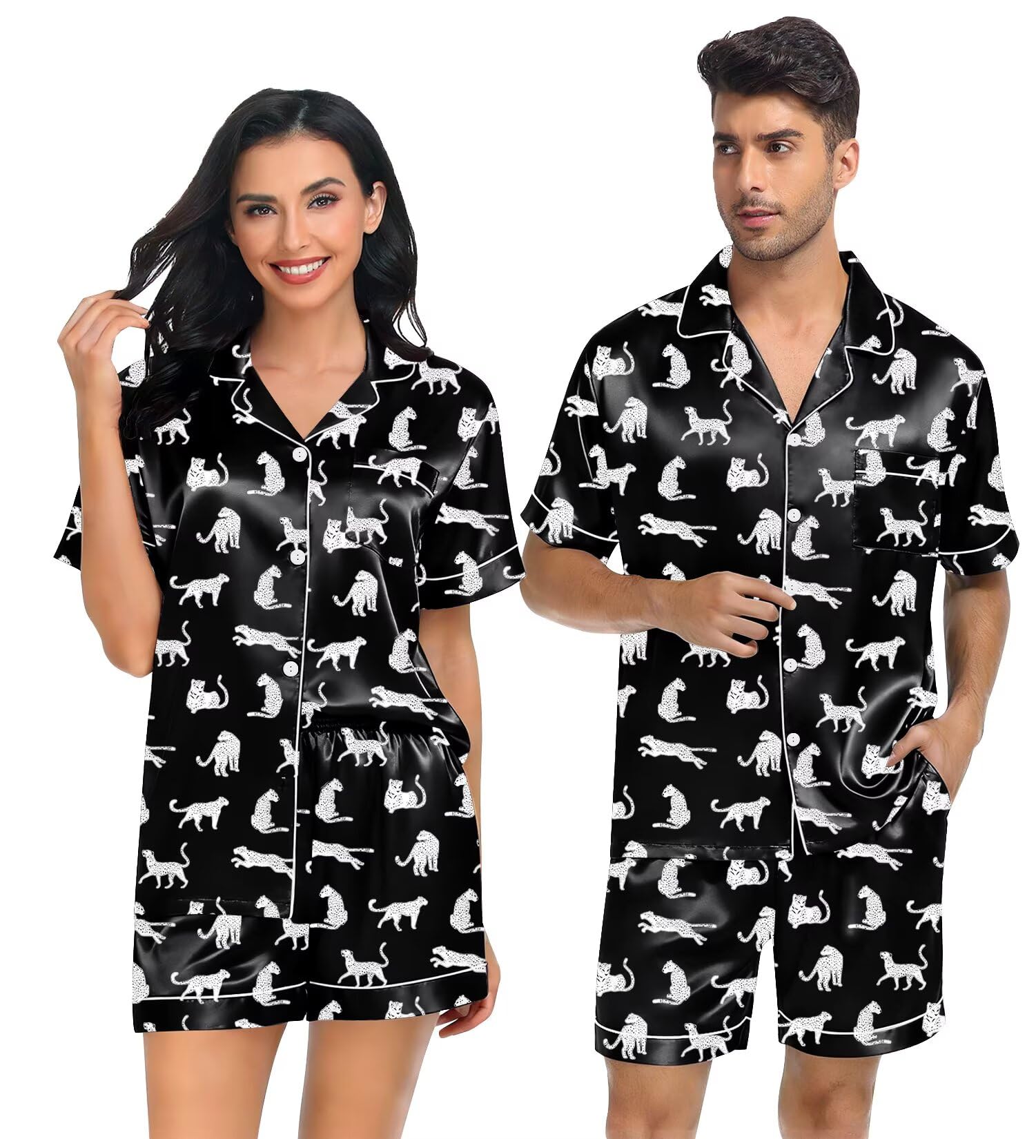 SWOMOG Satin Matching Pajamas Sets Couple Silk Button Down Nightwear Women &amp; Men Short Sleeve Sleepwear 2 Pieces Loungewear