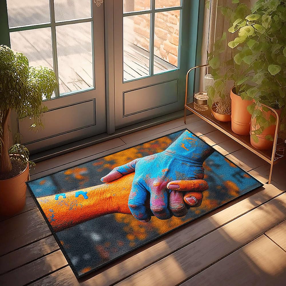 Tapis de porte intérieur symbolisant l'union et l'amour avec des mains peintes