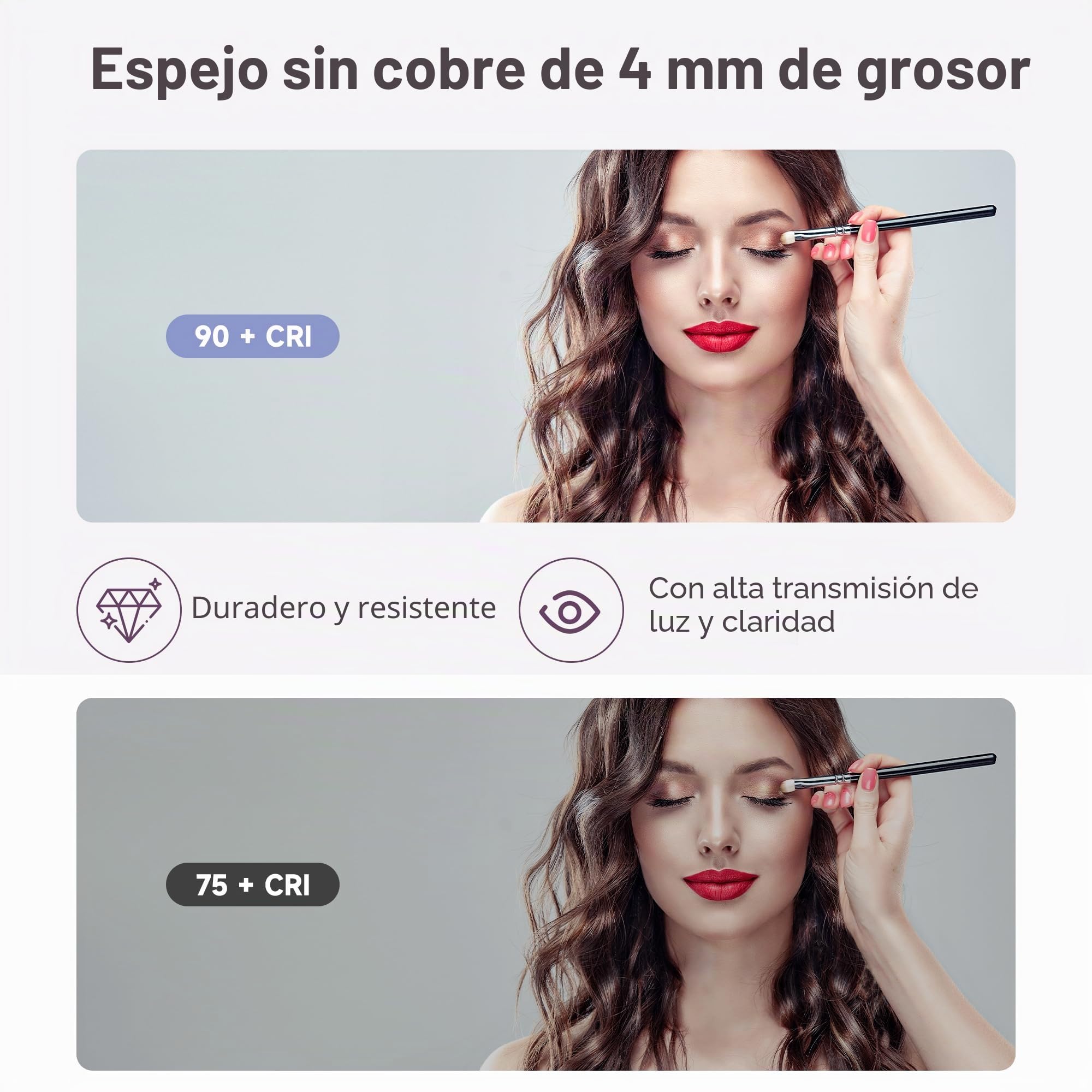 SONNI Hollywood - Espejo de maquillaje con luz (58 x 46 cm) | 3 colores de luz, regulable, función táctil y memoria, 15 bombillas LED. Ideal para maquillaje diario y como regalo