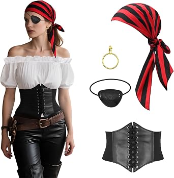 Pirate Costume for Women with Accessories Renaissance Short sleeve Blouse Belt Headscarf Set Cosplay