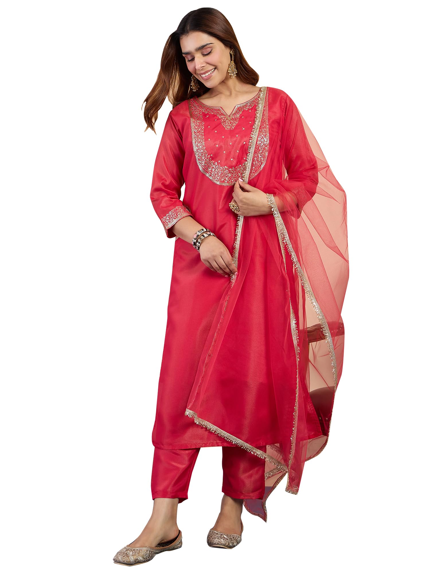 Women's Embroidered Silk Blend Straight Kurta with Pant & Dupatta Set | Round Neck Below Kneee Ethnic Kurta Set for Women-picture-13
