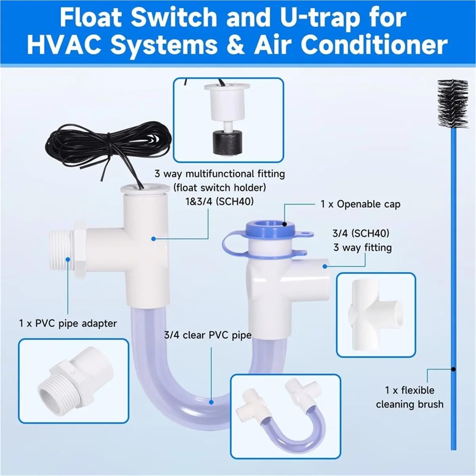 Sifón U Transparente Trampa de condensado con interruptor desbordamiento | 3 Trampa en U de PVC estándar de 4 pulgadas HVAC AC