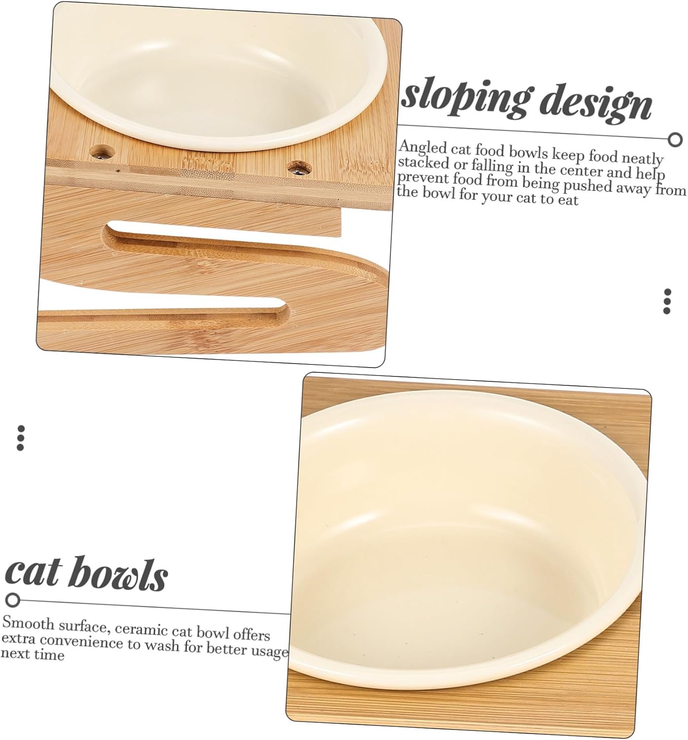 Ceramic Cat Feeding Bowl with Elevated Wood Rack Dual Bowls for Indoor Cats Angled Design to Prevent Spills Supports Neck Health and Easy Cleaning