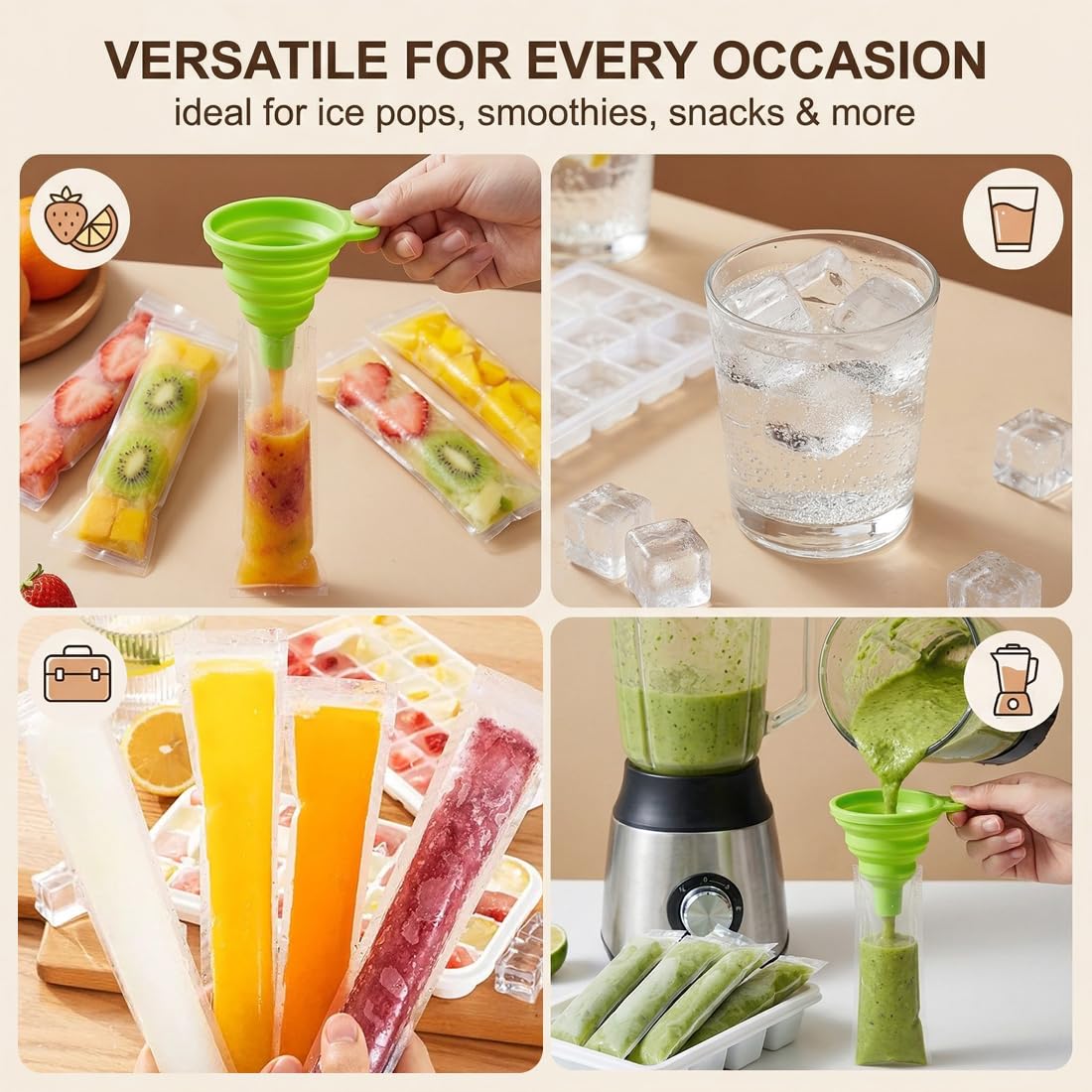Bolsas para Helados y Paletas | Kit DIY 100 Bolsas + 1 Embudo Plegable + 10 Bolsas Hielo (240 Cubitos), Sin BPA para Polos Flash Caseros, Zumo y Yogurt.