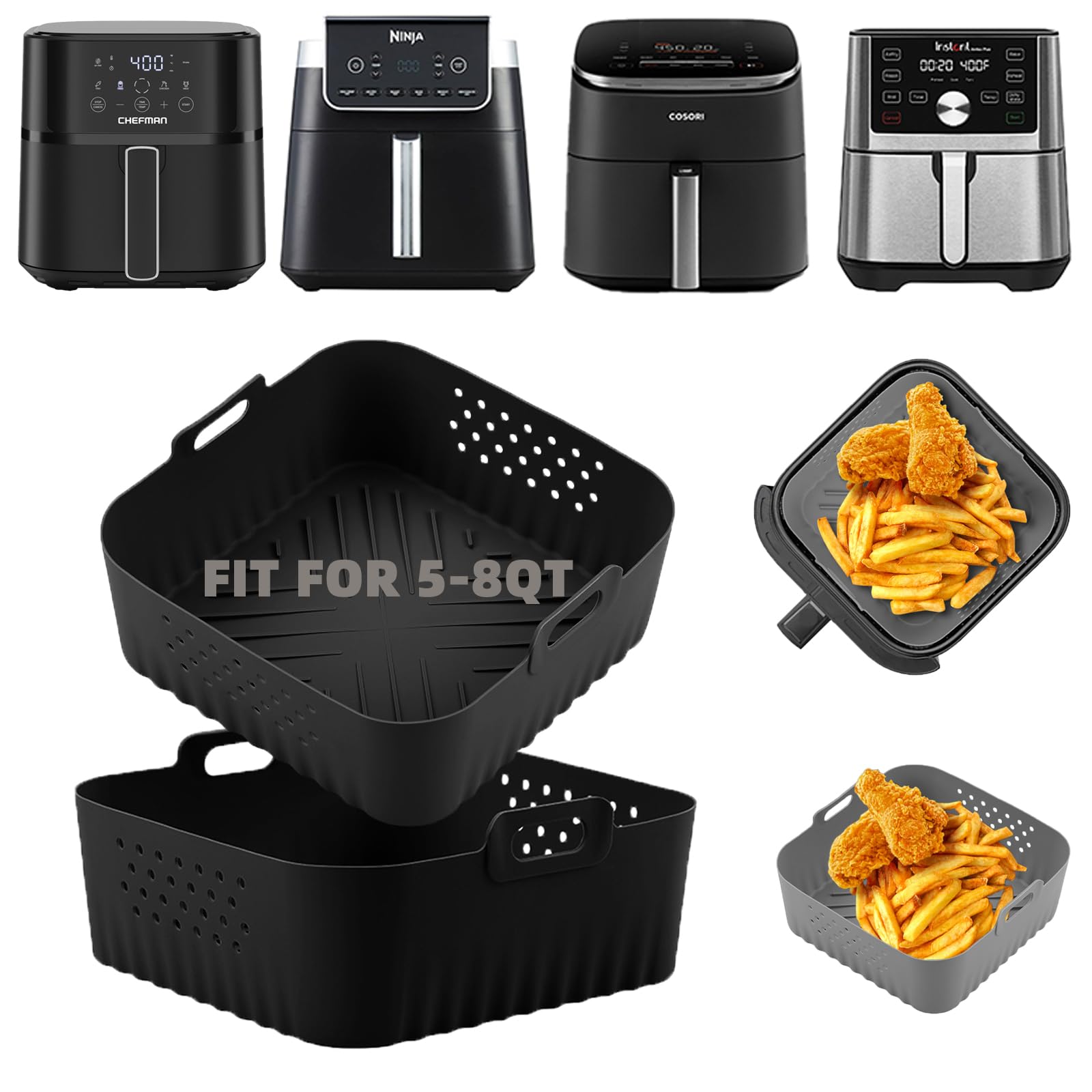 LYHOLKEER Silicone Air Fryer Liners,2 Pcs Square silicone air fryer basket liners Reusable for Ninja Air Fryer Pro XL AF141 AF142 AF181 AF182 5.5 6 6.5 QT and Other 5-8QT,COSORI Air Fryer Accessories