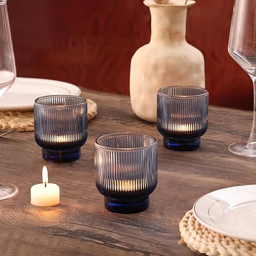 Miniatura 6 de Juego de 6 portavelas votivas azules de 6 a 2.55 x 3 pulgadas, portavelas de cristal degradado con elegante diseño acanalado, soportes votivos