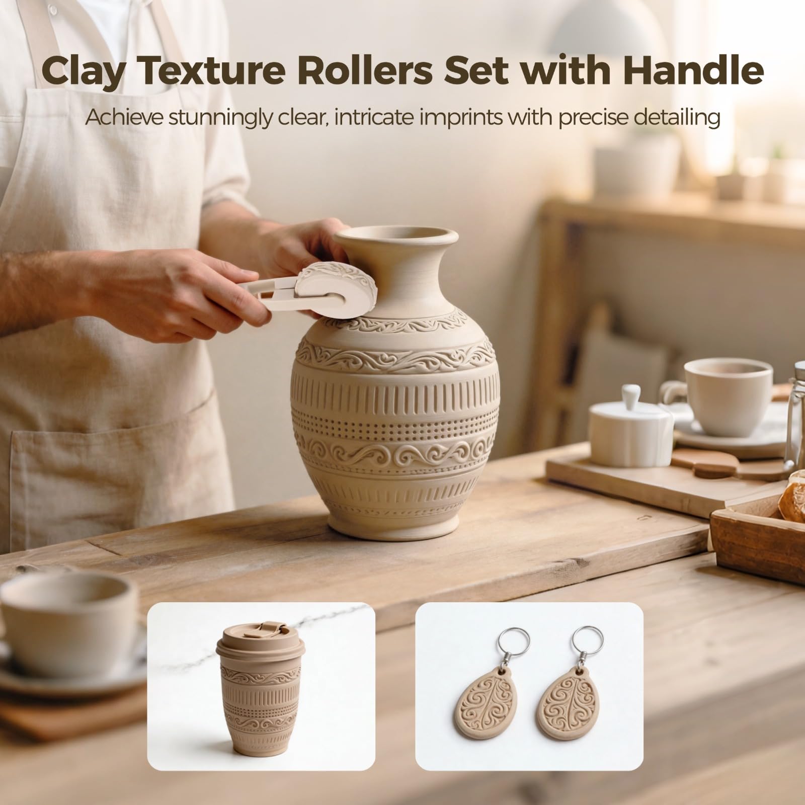 Ton-Texturroller-Set mit Griff, 2,36 Zoll Durchmesser, 6 strukturierte Rollen für Keramik, Teig, Fondant, Biskuit, zum Rollen per Hand oder mit Griff, für Kunst und Bastelarbeiten