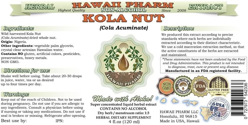 Kola nut Alcohol-Free Liquid Extract, Kola nut (Cola Acuminate) Whole Nut Glycerite Hawaii Pharm Natural Herbal Supplement 4x4 oz