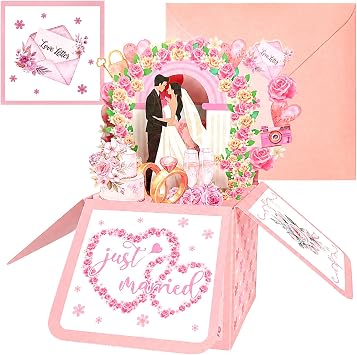 Wedding Card for Bride and Groom - 3D Pop Up Wedding Greeting Card with Envelope and Note Card - Congratulations Wedding Card for Couple Newlyweds - Marriage Card from Friends Family Coworkers - Pink Rose Just Married Design