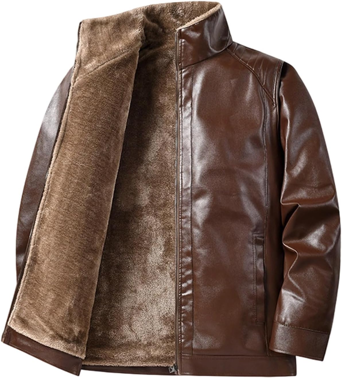 Men Slim Fit Motorcycle Faux Leather Jacket Stand Collar Zip Fleece Lined Jackets Lightweight PU Vintage Biker Coat