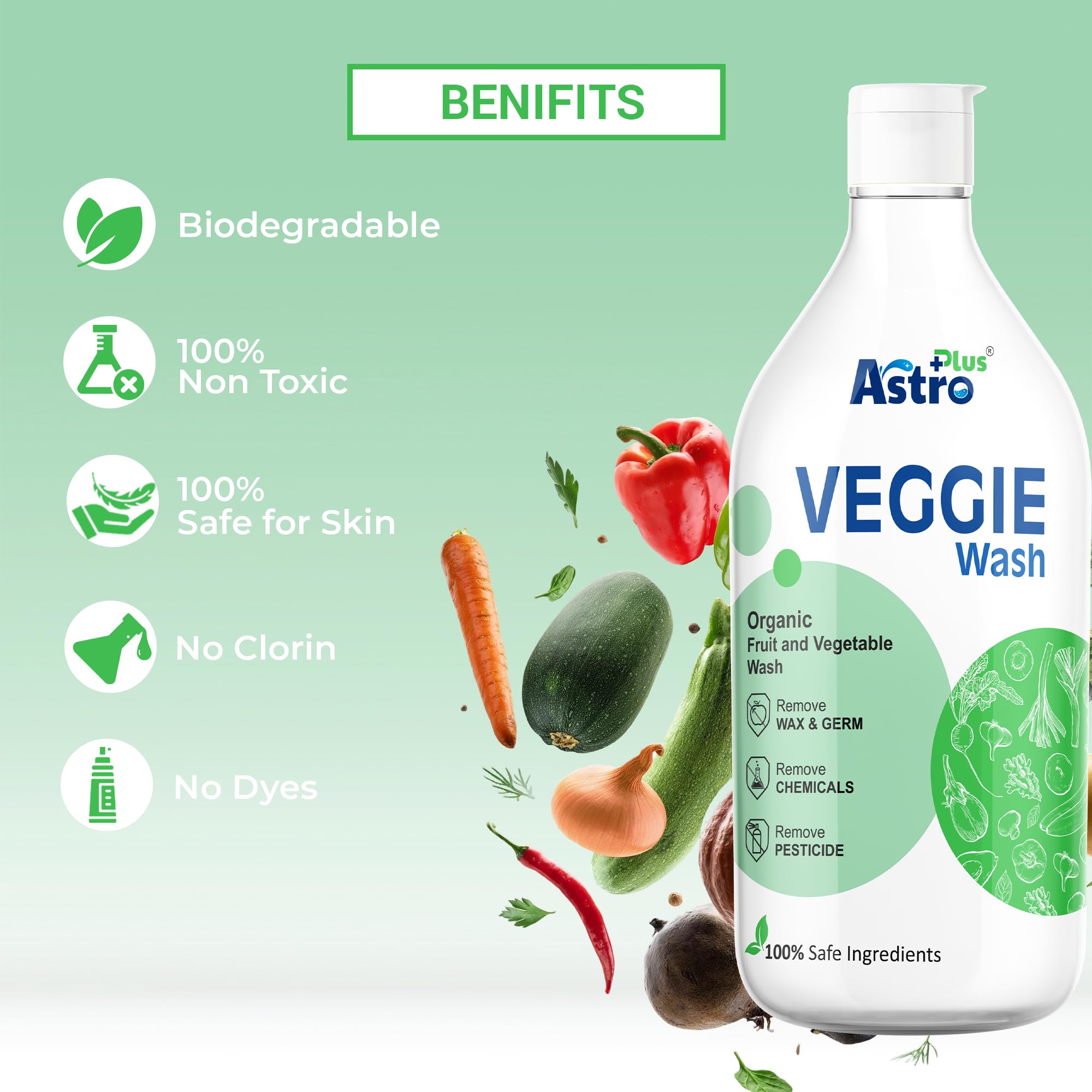 Astro Plus Veggie Wash Clean Fruits & Vegetables Natural Action, Removes Pesticides Germs Safe to use on Veggies and Fruits Washing Liquid (500 ML) 1