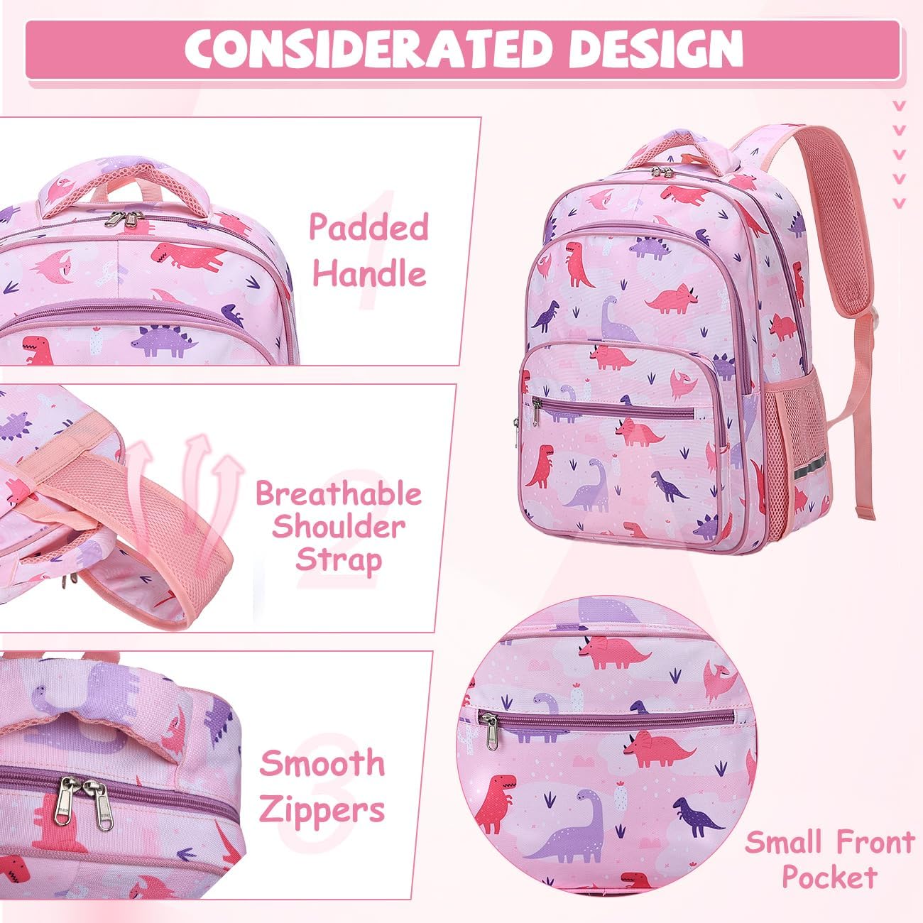 VASCHY Kids Backpack for Elementary School, Girlss Large Bookbags School Bags for Primary School/Travel Pink Dinos - Image 3