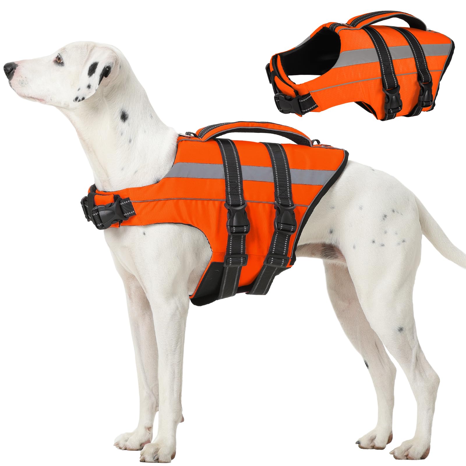 FUAMEY Dog Life Jacket for Extra Large Dogs, Dog Life Vest with Lift Handle, D-Ring Attachment, Adjustable Straps and Reflective Strips for Boating and Water Activities, Orange, XXL