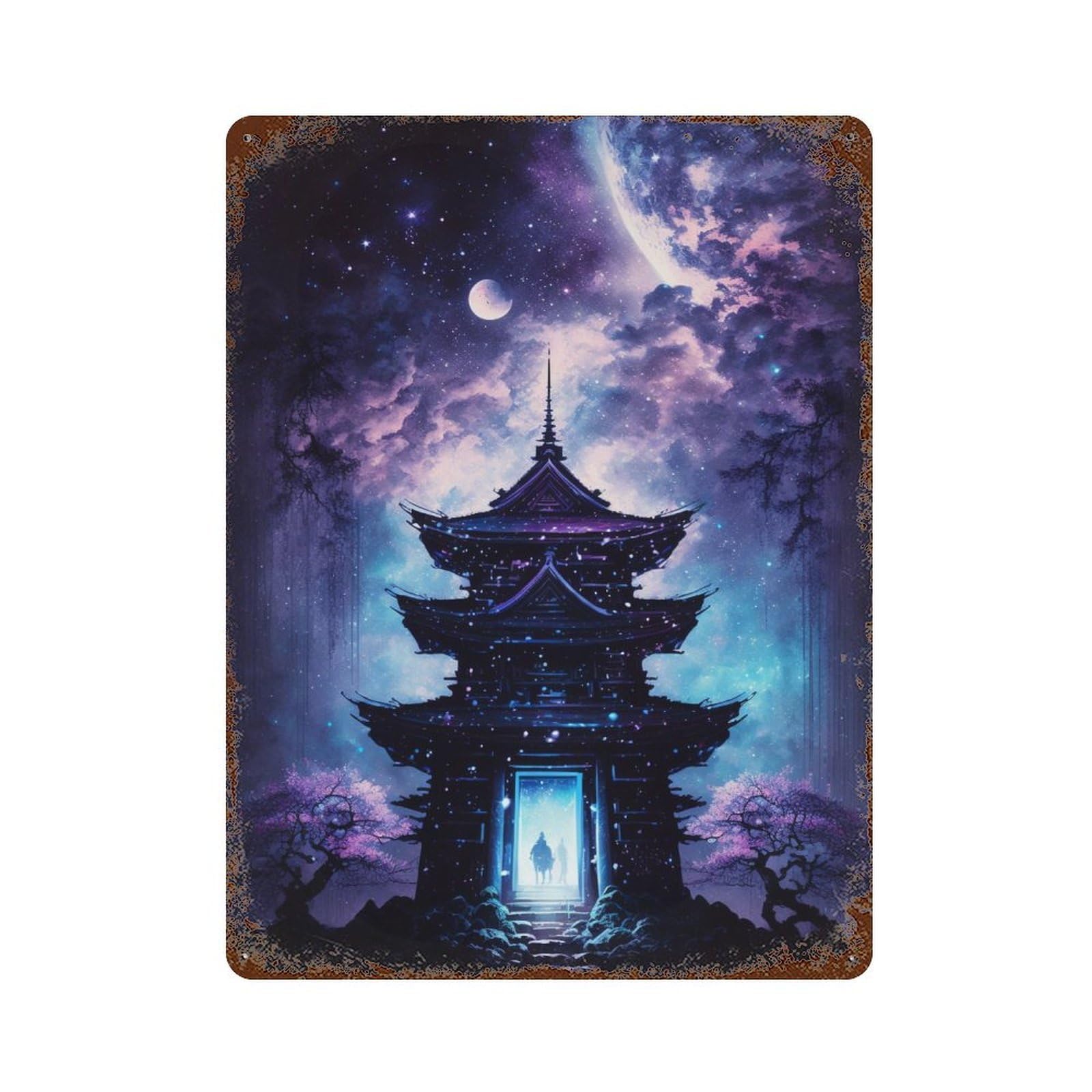 Fantasy Pagoda Night Sky 15.7"x11.8" Weathered Tin Sign, Shabby Chic Decor for Cafe, Home Bar And Lounge Decor