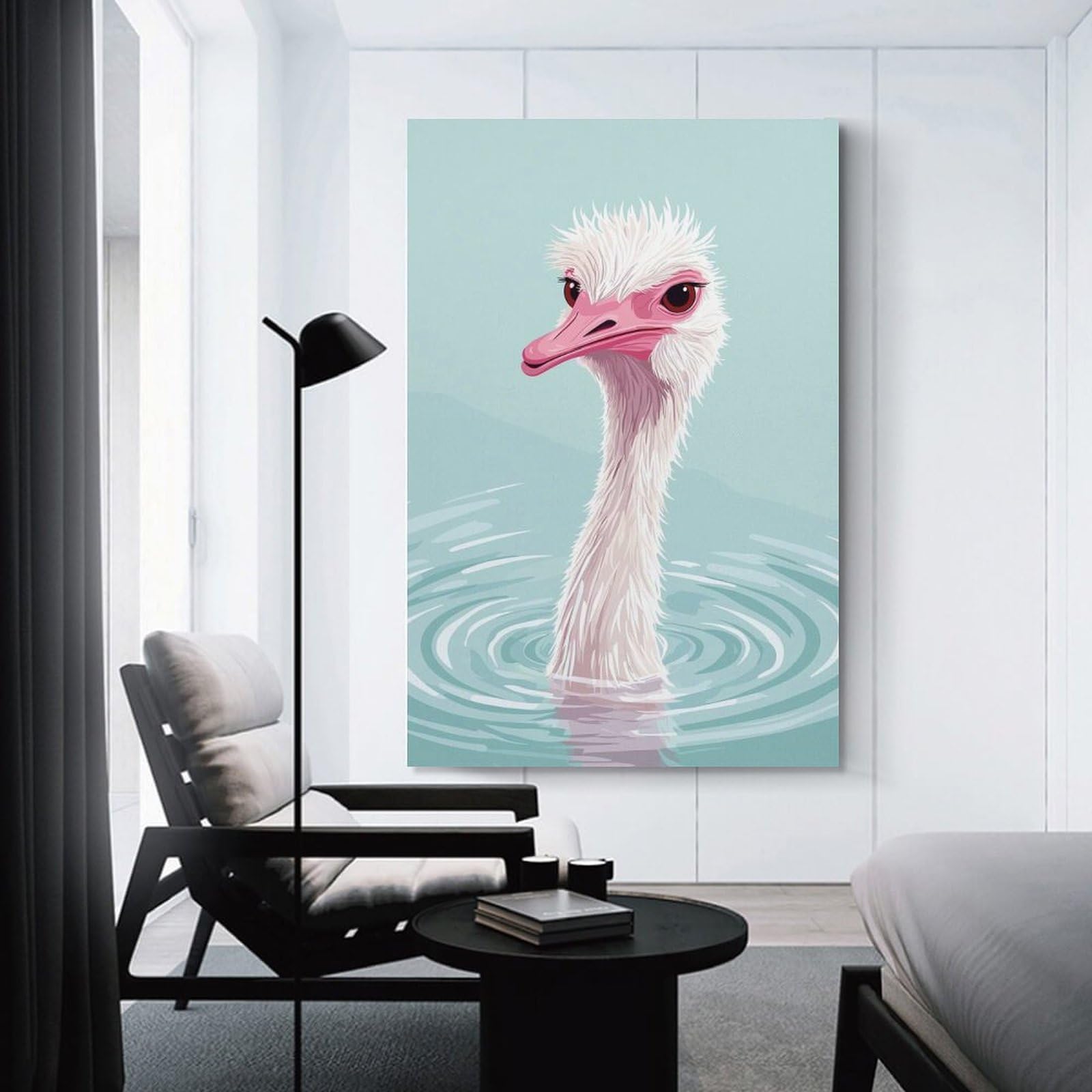 Junmoney Ostrich in Water Illustration Canvas Wall Art, 24x36inch(60x90cm), for Living Room, Bedroom, Office Or Hallway, Versatile Wall Decor for Many Rooms