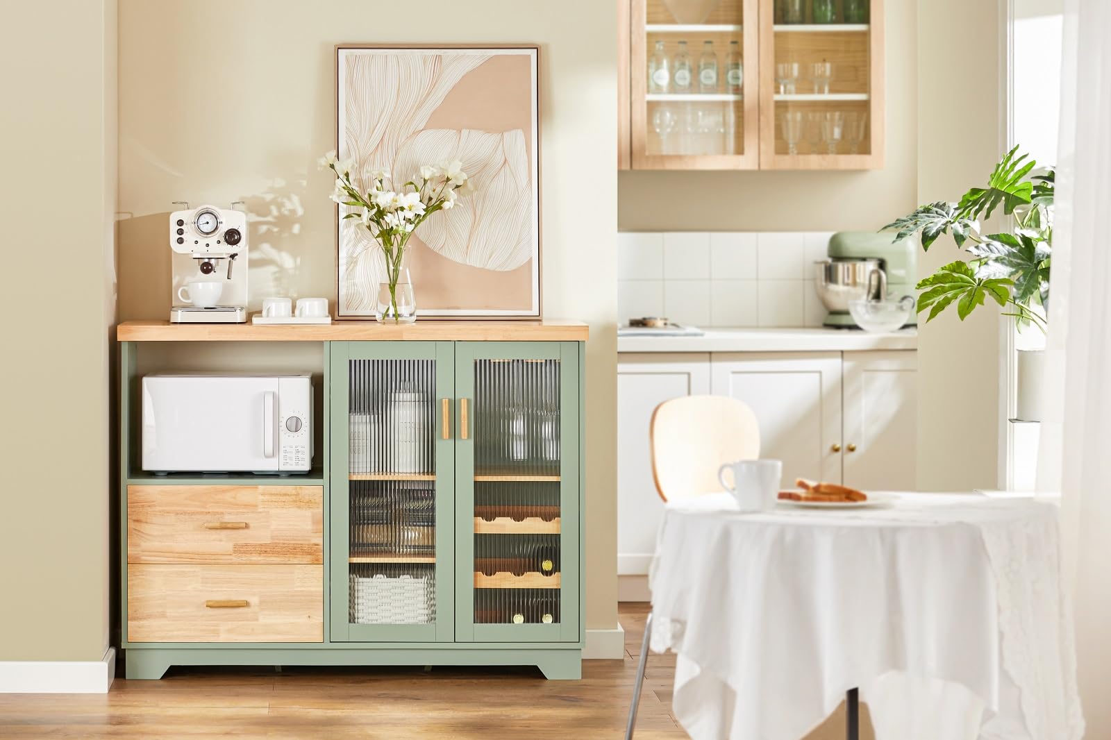 SoBuy Küchenschrank Buffet Kommode mit Glastüren & Schubladen Sideboard mit 120 cm Arbeitsplatte, Mikrowellenfach & Weinregal Küchenmöbel für Wohnzimmer & Esszimmer Grün 120x90x40cm FSB81-GR