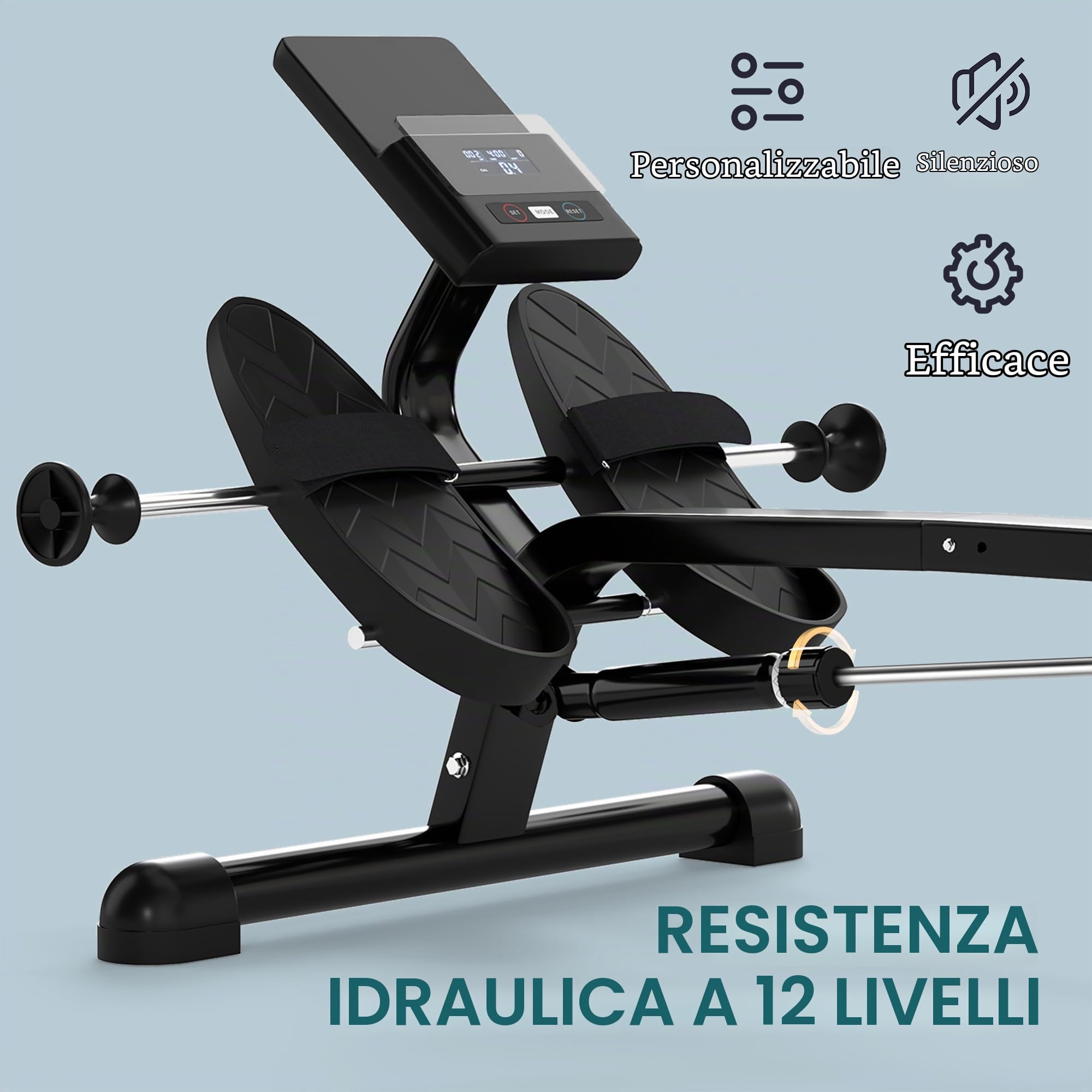 SPORTNOW Vogatore idraulico con 12 livelli di resistenza Vogatore con schermo LCD e pedale antiscivolo, portata massima 130KG, allenamento cardio a casa, nero