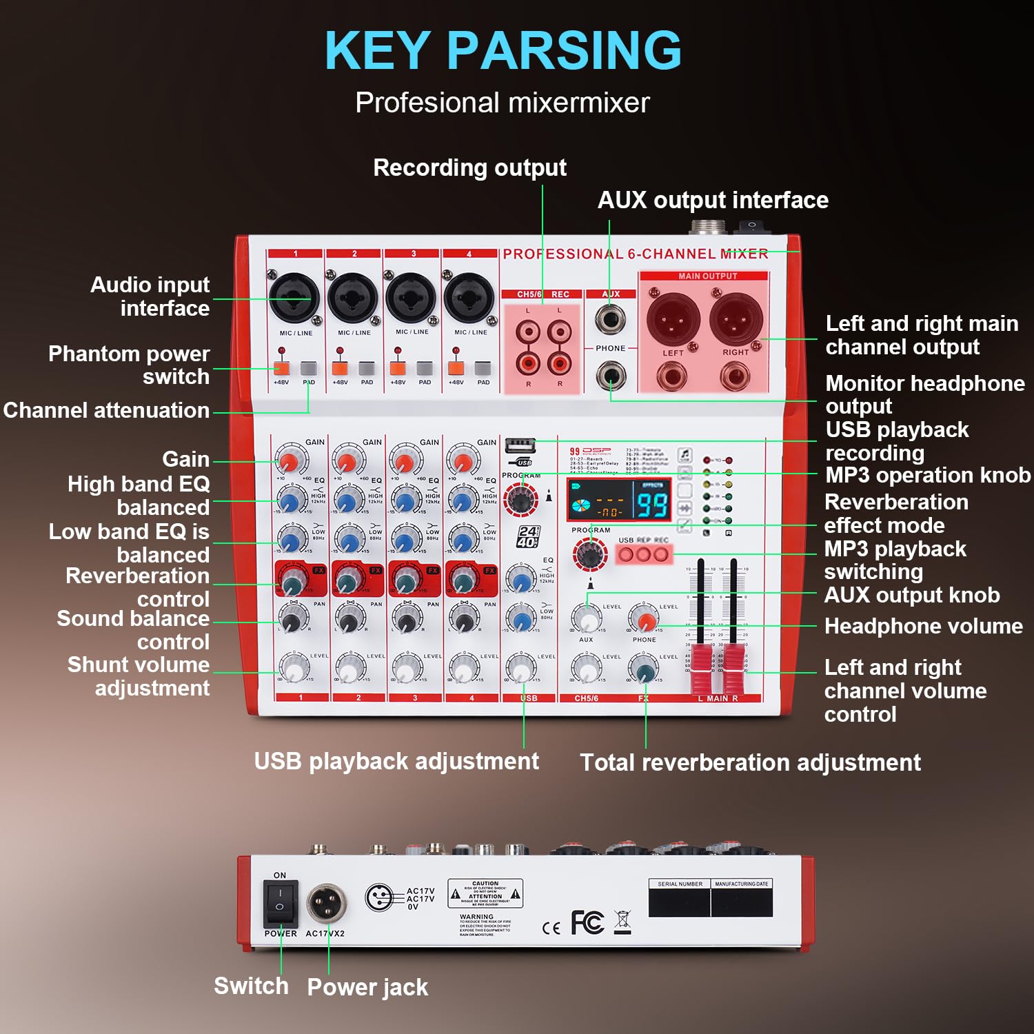 MW-6 White 6 Channel Professional DJ Audio Mixer, Portable Controller Mixer with DSP 99 Preset Effects for Live Streaming, Podcasting, Family Party, Music Recording