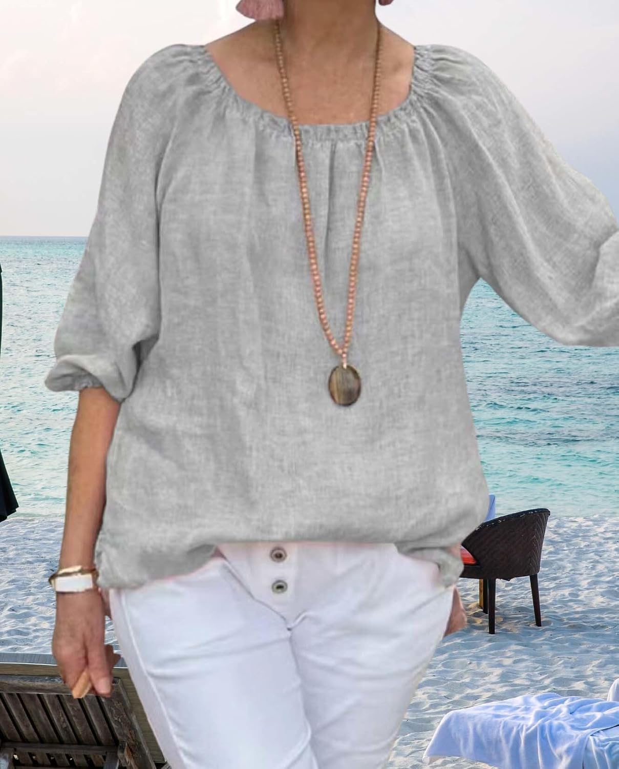 Summer Casual Womens Linen Shirt Round Neck Half Sleeve Linen Loose Pleated Tops Fashion Blouse T Shirt - Image 2