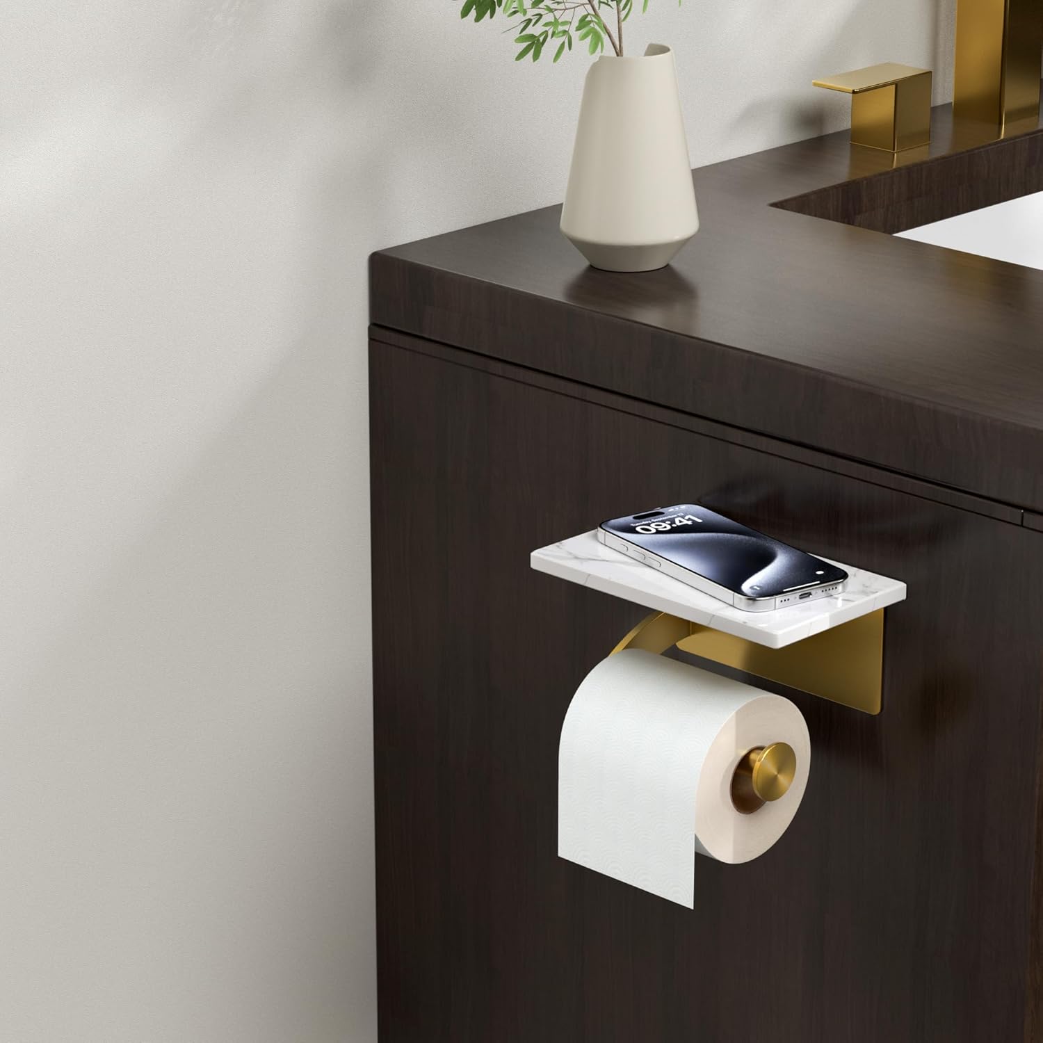 FORIOUS Toilet Paper Holder with Phone Shelf, Natural Marble Wall Mount Tissue Roll Holder for Bathroom, Washroom, 304 Stainless Steel Commercial Toilet Tissue Dispensers with Shelf, Brushed Gold