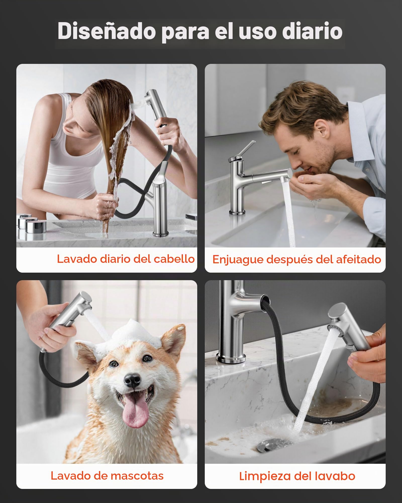 VEVOR Grifo de Lavabo en Níquel Cepillado y Acero Inoxidable, Grifo de Cocina con Rociador Extraíble, Mezclador Monomando para Baño, Caravana, Bar, Resistente a la Corrosión, 260 x 210 x 52 mm