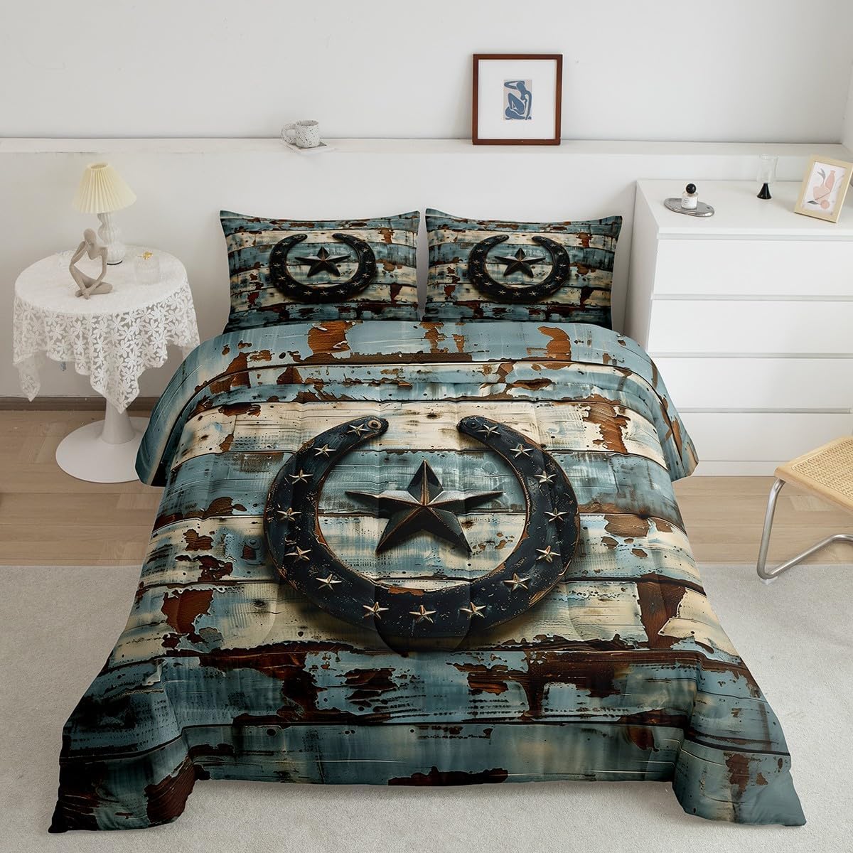Feelyou West Texas Star Duvet Quilt Twin Size Western Aztec Comforter Set for Boys Girls Children Horseshoes Rustic Cowboy Tribal Vintage Farmhouse Bedding Set Room Decor Soft 2Pcs