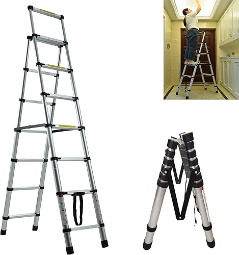 Escalera telescópica de 7.5 pies, extensión de marco A, ligera, plegable de 6+7 escalones, portátil, capacidad de 330 libras, escalera para techos,