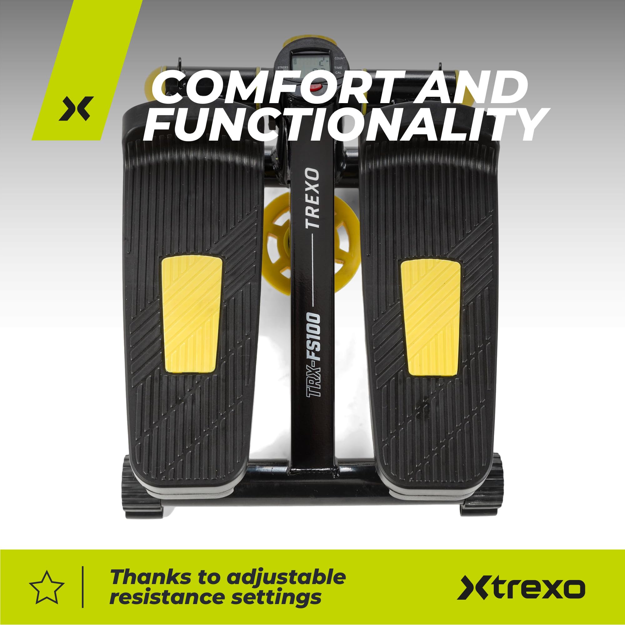 TREXO Stepper para Entrenamiento en casa Fitness Cardio Altura de los Pedales y Resistencia Ajustables Pantalla Fácil de Leer Cables Resistentes Capacidad de Carga hasta 100 kg Negro/Amarillo