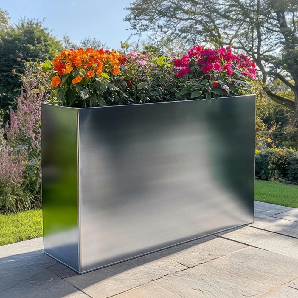 Zinc Galvanised Long Tall Trough Planter | No Assembly Needed | Lightweight (Silver, L90cm x W25cm x H60cm)