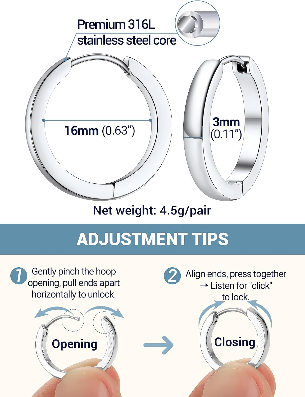 PROSTEEL Huggie Hoop Earrings for Women Men Stainless Steel Lightweight | Small Hypoallergenic Hoop Earrings, 8-16mm Silver/Gold Huggie Earrings for Women Comfort for Daily Wear and Cartilage Styling