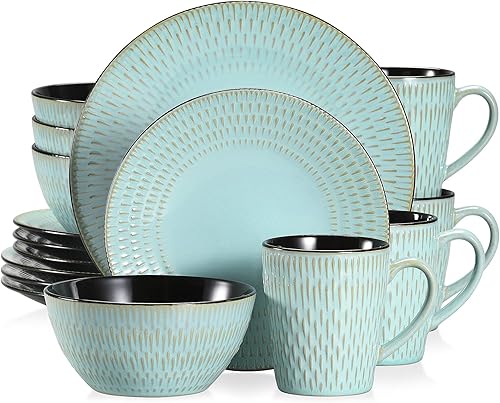 vancasso Guto - Juego de vajilla de cerámica en relieve de aspecto vintage beige, juego de 16 piezas para 4, incluye plato de cena, plato de postre,