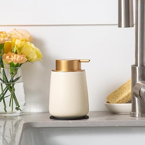 Miniatura 6 de Enra Dispensador de jabón de cerámica, dispensador de loción de manos de 12 onzas con bomba dorada, dispensador de jabón líquido recargable,