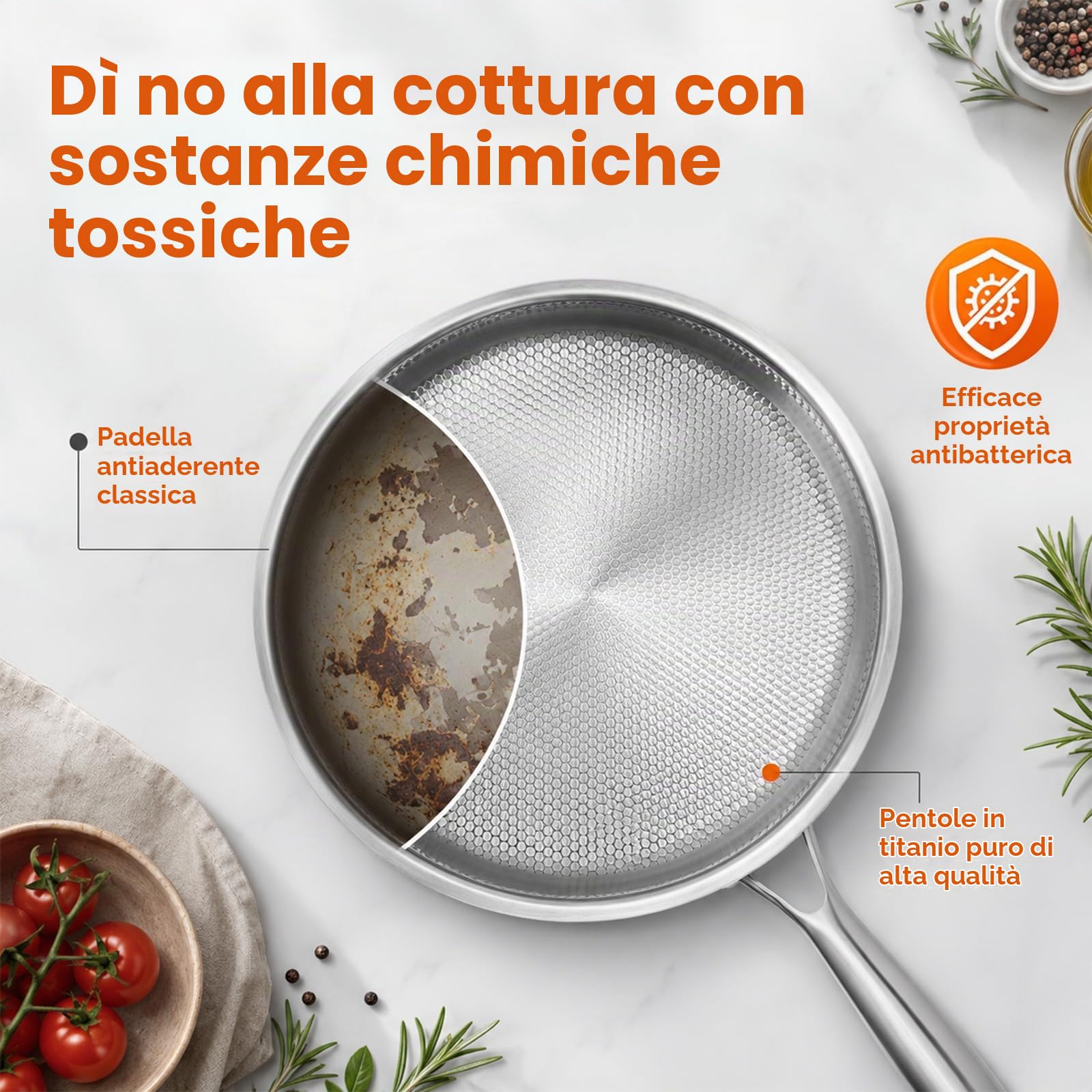 Titan, padella con coperchio, in titanio senza rivestimento, padelle in titanio con motivo martellato per cucinare, antigraffio, antiaderente, padella in titanio Pro induzione, per cucina e campeggio