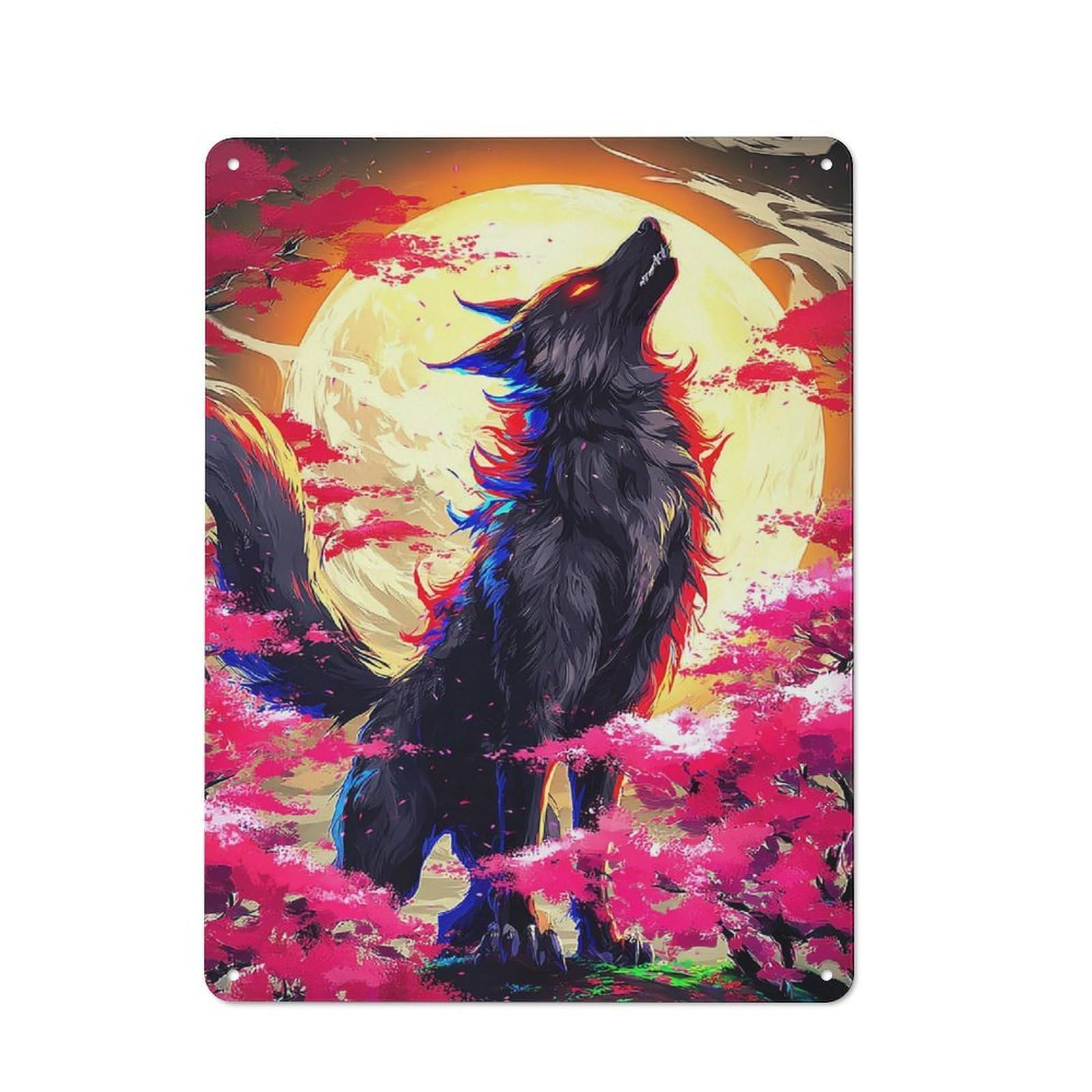 Junmoney Wolf Howling At The Moon Rustic Metal Wall Sign 40X30cm Featuring For Pub Or Café, For Vintage Wall Decor Fans, For Metal Sign Collectors