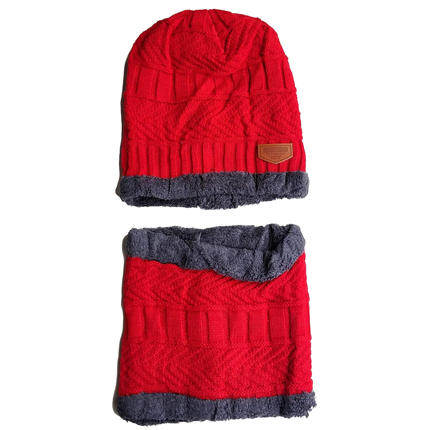 Warm Knitted Fur Lined Winter Beanie Cap Neck Scarf Set for Men and Women (Red)-image-32