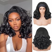 Yaki Curly Headband Wig Kinky Curly Half Wig Synthetic Wigs for Black Women 180% Density Wear and Go Glueless Wig with Curly Ends, Headbands Attached, #1B Black, 16 Inch