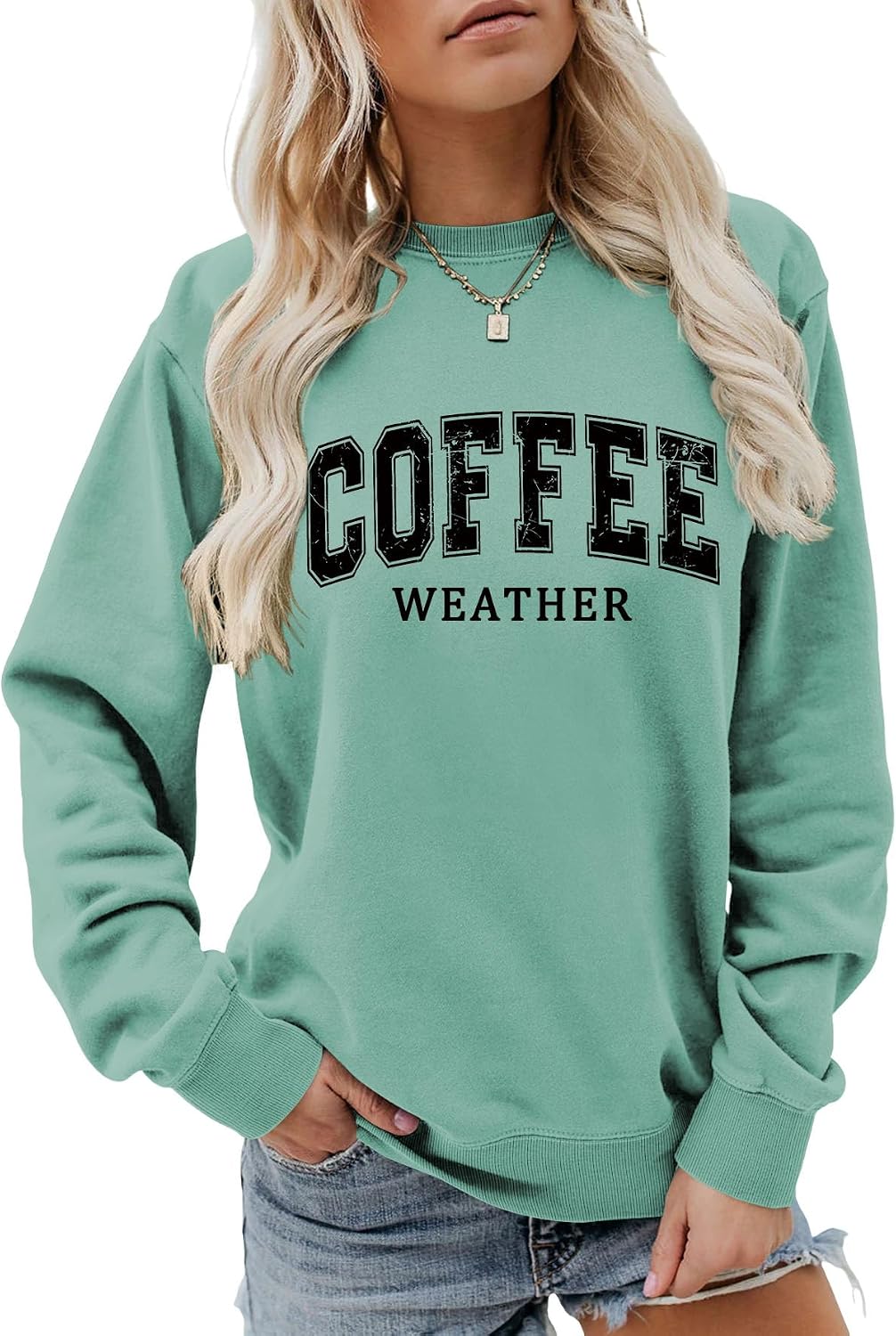 Coffee Weather Sweatshirts for Women Crewneck Graphic Pullover | Coffee Lover Sweatshirt, Winter Fall Long Sleeve, Casual Drop Shoulder, Cozy Weekend Lounge, Barista Morning Outfit