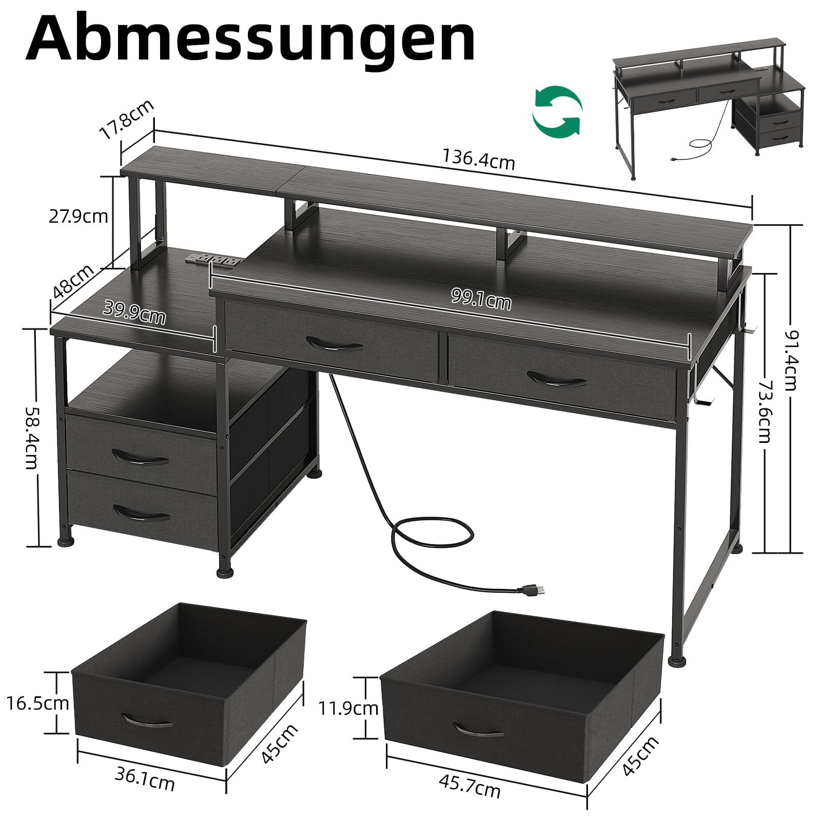 CAIYUN Computerschreibtisch mit 4 Schubladen & integrierten Steckdosen - Reversibler Schreibtisch für Home-Office, Gaming-Tisch mit Monitor- & Druckeraufsatz, LED-Licht fürs Schlafzimmer (Schwarz)