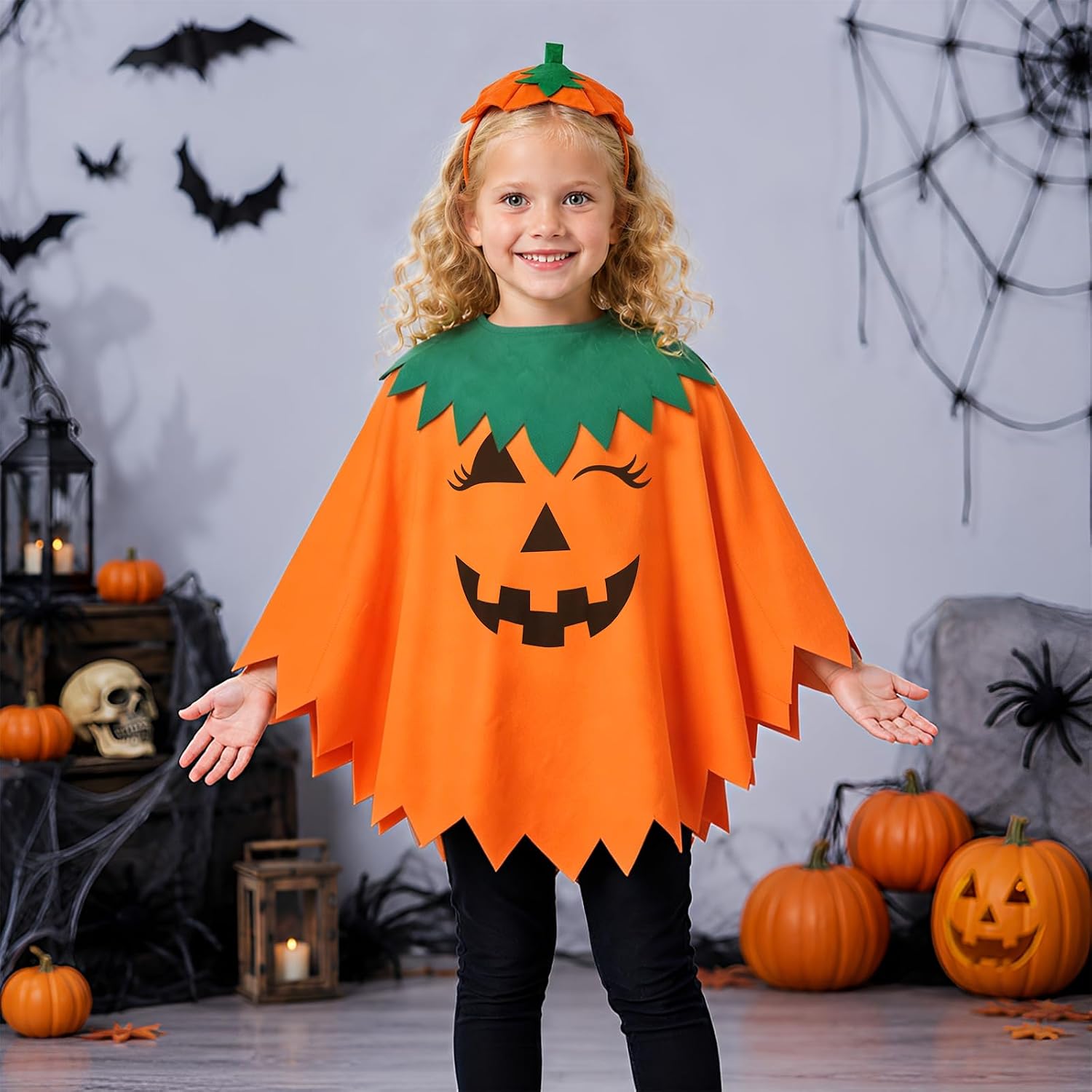 GLIGLITTR Girls Halloween Outfit Pumpkin Face Poncho Top and Headband 4-12Y